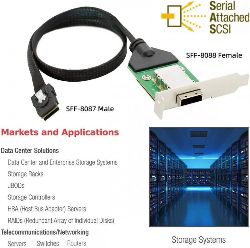 CY External Mini SAS SFF-8088 Male to SFF-8088 Female Extension Cable PCBA with Low Profile Bracket - Image 3